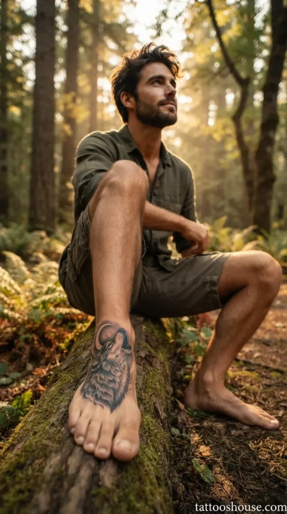 Howling wolf foot tattoo for men in black and grey on forest by tattooshouse.com