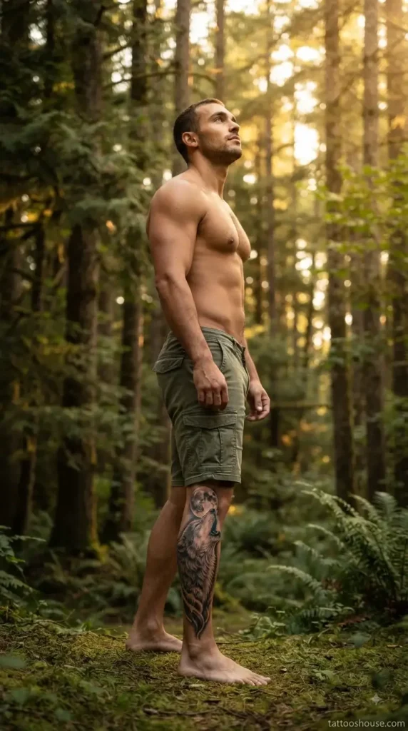 Howling wolf shin tattoo for men in black and grey with moon on forest wide shot by tattooshouse.com