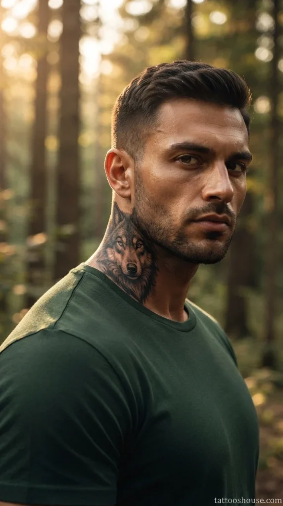 Realistic wolf side neck tattoo for men in black and grey close-up by tattooshouse.com