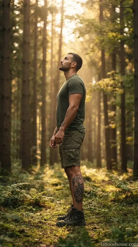 Howling wolf calf tattoo for men in black and grey with moon on forest setting wide shot by tattooshouse.com